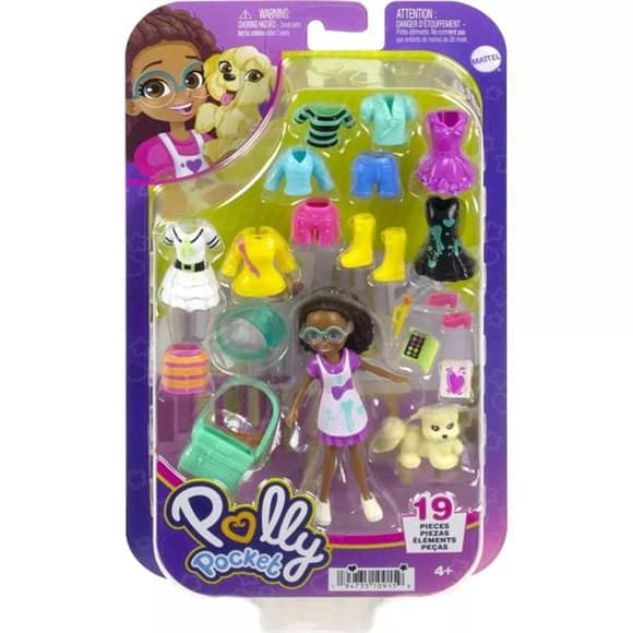 Игровой набор Polly Pocket Стильный гардероб модницы коричневые волосы, розово-белое платье (HKV88-HKV91)